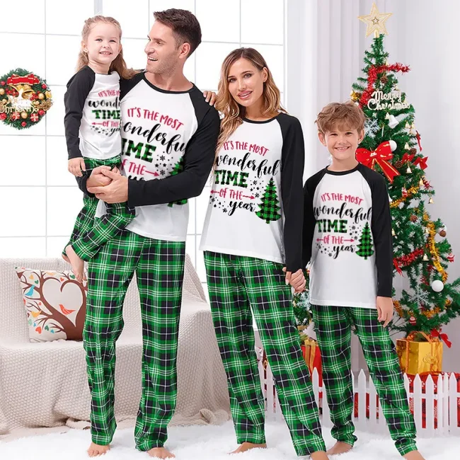 The Most Wonderful Time Of Year Christmas Family Pajamas Green Plaids Pajamas Set