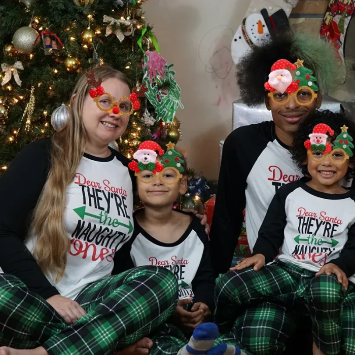 Dear Santa Naughty Ones Christmas Family Pajamas Green Plaids Pajamas Set