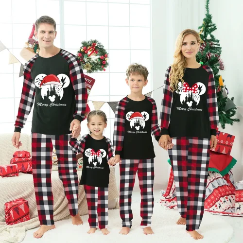 Cartoon Mouse Merry Christmas Family Pajamas Black Plaids Pajamas Set