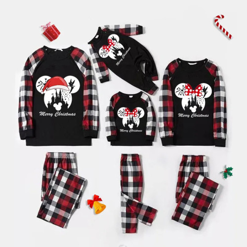 Cartoon Mouse Merry Christmas Family Pajamas Black Plaids Pajamas Set