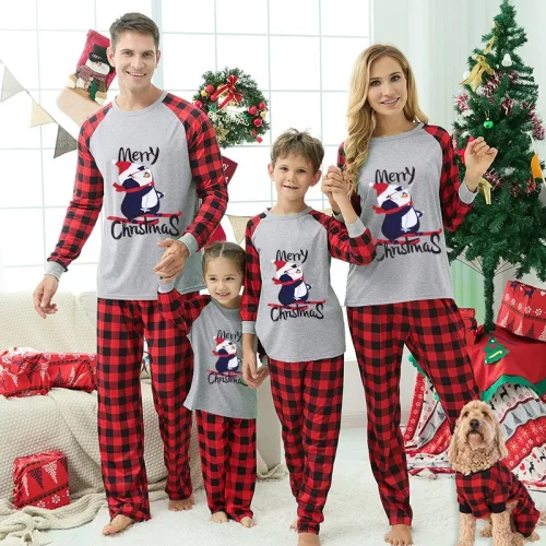 Skiing Penguin Merry Christmas Family Pajamas Plaids Pajamas Set