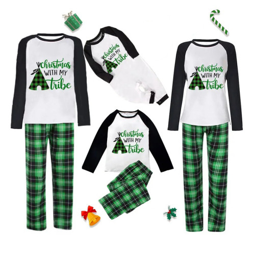 Christmas With My Tribe Christmas Family Pajamas Green Plaids Pajamas Set