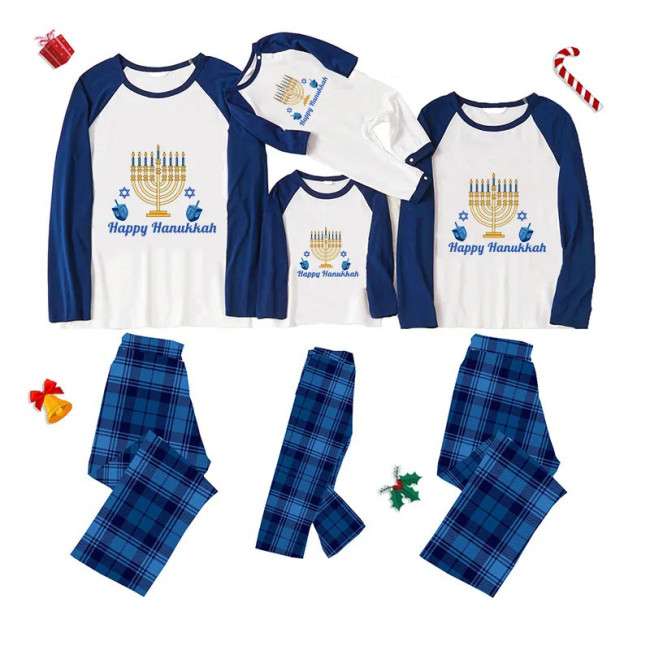 Candlestick Happy Hanukkah Christmas Family Pajamas Blue Pajamas Set