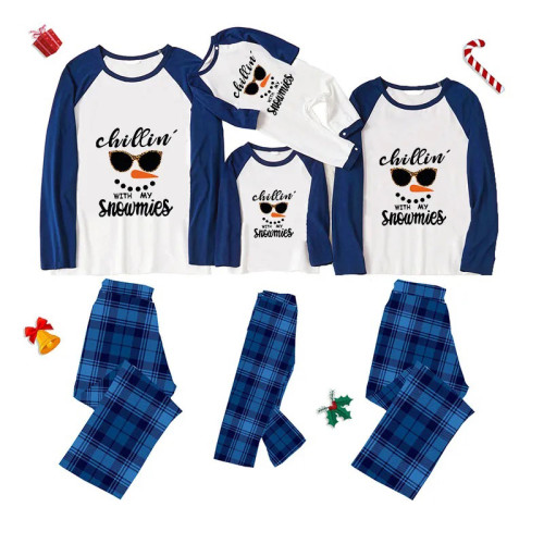 Chillin With Snowmies Christmas Family Pajamas Blue Plaids Pajamas Set