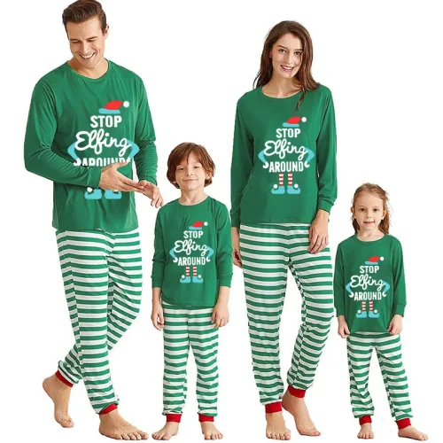 Stop Elf Around Christmas Family Pajamas Green Pajamas Set