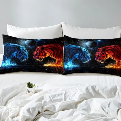 Blue Red Cosmic Tiger Bed Set