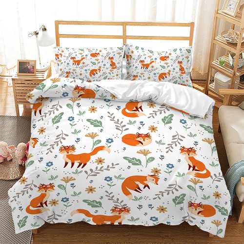 Leaves Cartoon Foxes Bed Set