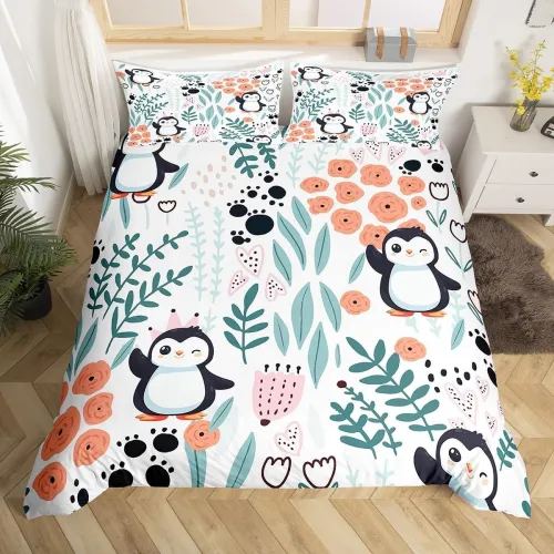 Kids Floral Penguins Bed Set
