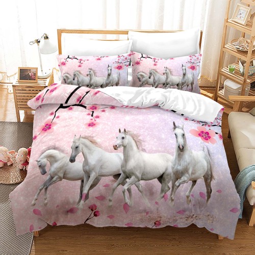 Floral White Horses Bed Set