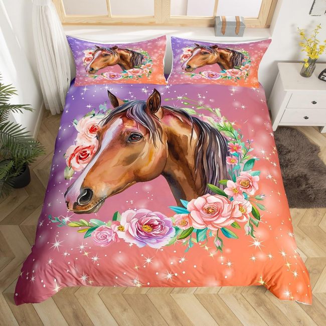 Kids Cartoon Floral Horse Bed Set