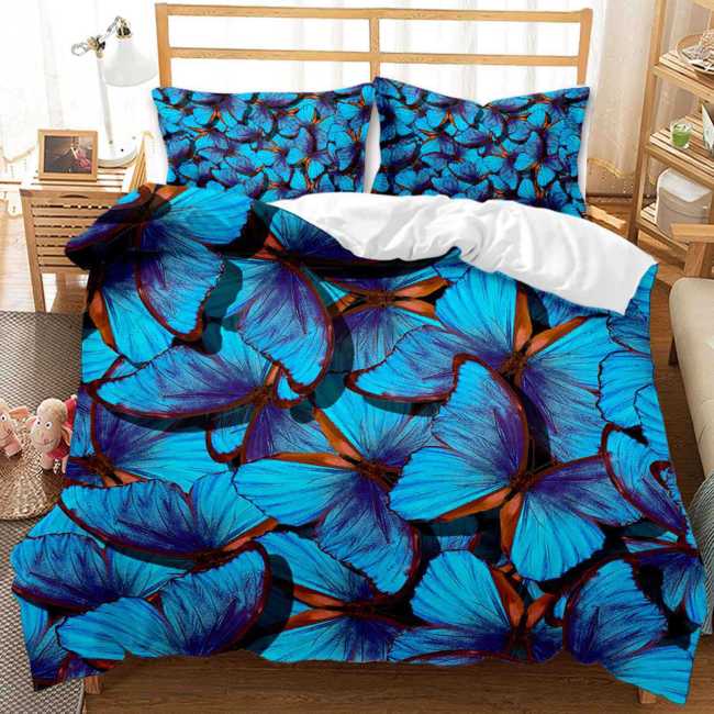 Blue Butterfly Print Bed Set