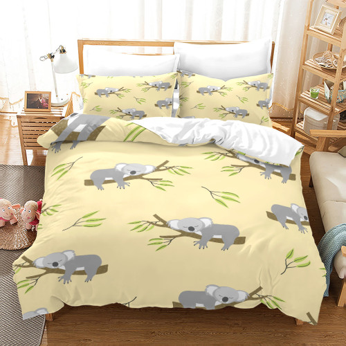 Yellow Cartoon Koala Print Bed Set