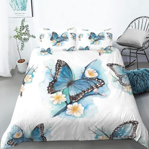 White Butterfly Print Bed Set