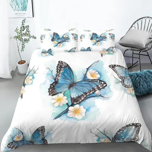 White Butterfly Print Bed Set