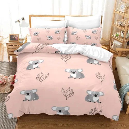 Pink Cartoon Koala Print Bed Set