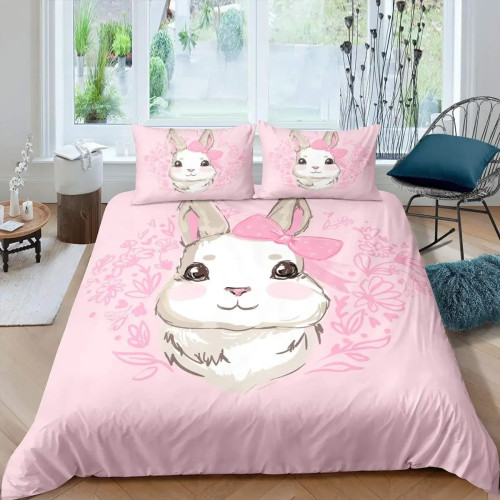 Pink Rabbit Face Print Bed Set