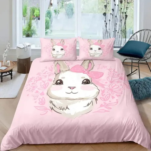 Pink Rabbit Face Print Bed Set