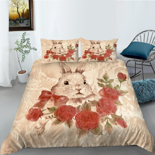 Watercolor Bunny Floral Print Bed Set