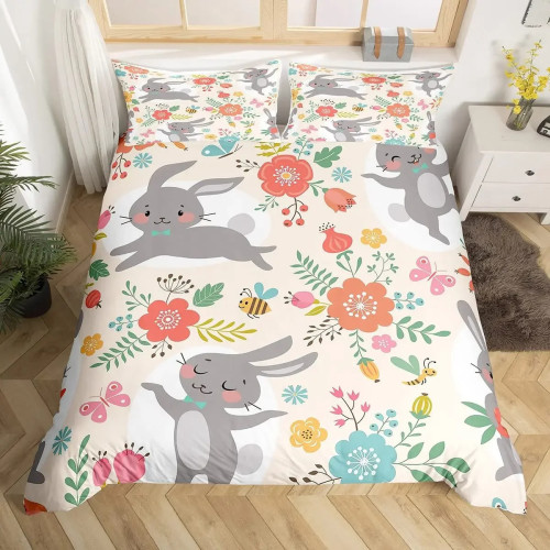 Cartoon Floral Rabbit Bed Set