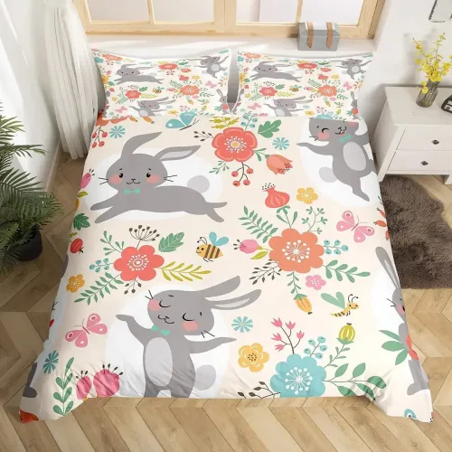 Cartoon Floral Rabbit Bed Set