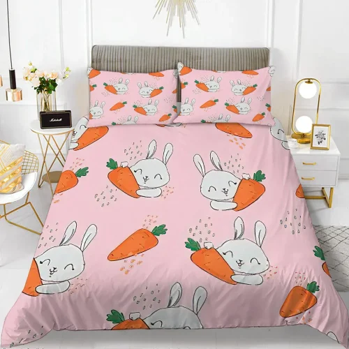 Pink Cartoon Bunnies With Carrots Bed Set