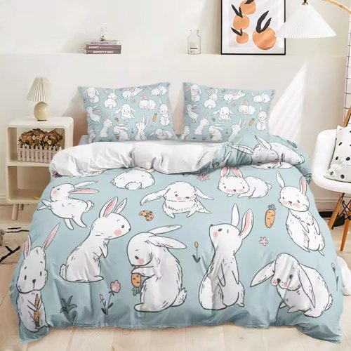 Cartoon Bunny Carrots Print Bed Set