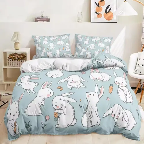 Cartoon Bunny Carrots Print Bed Set