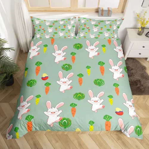 Cartoon Bunny Carrots Print Bed Set