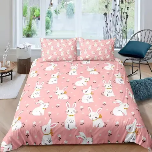 Pink Cartoon Bunnies Bed Set