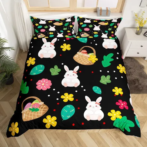 Black Cute Bunny Print Bed Set
