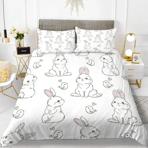 White Cartoon Bunnies Bed Set