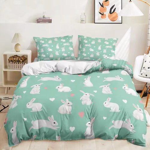 Cartoon Bunny Hearts Print Bed Set
