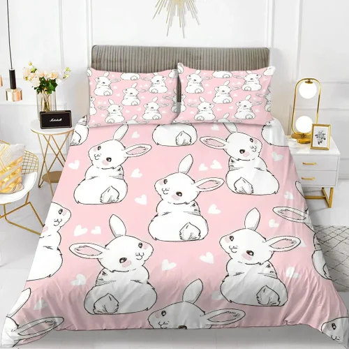 Girls Pink Cartoon Bunnies Bed Set