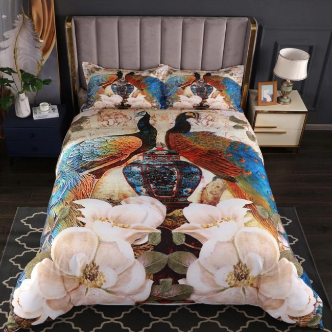 Vintage Peacock Floral Print Bed Set