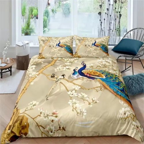 Gold Peacock Printed Bed Set