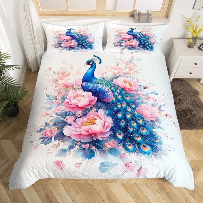 White Floral Peacock Print Bed Set