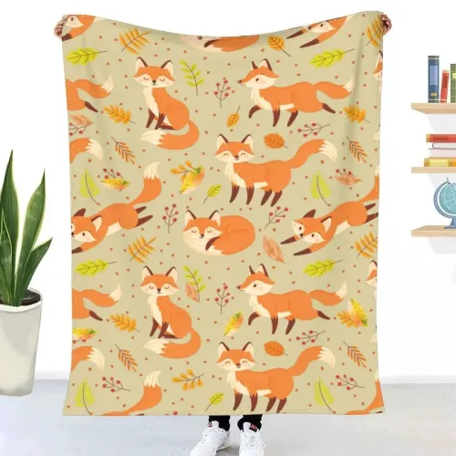 Cartoon Fox Maple Leaves Print Blanket