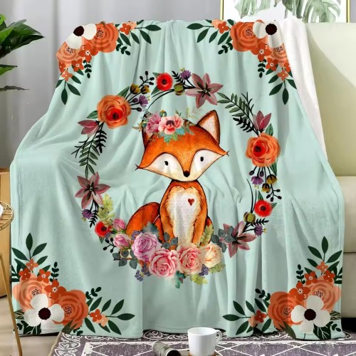 Floral Cartoon Fox Print Blanket