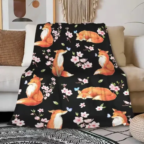 Cartoon Fox Blossoms Print Blanket