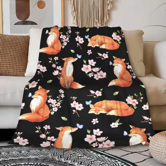 Cartoon Fox Blossoms Print Blanket
