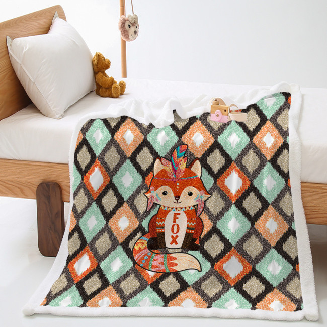 Geometric Cartoon Fox Print Blanket
