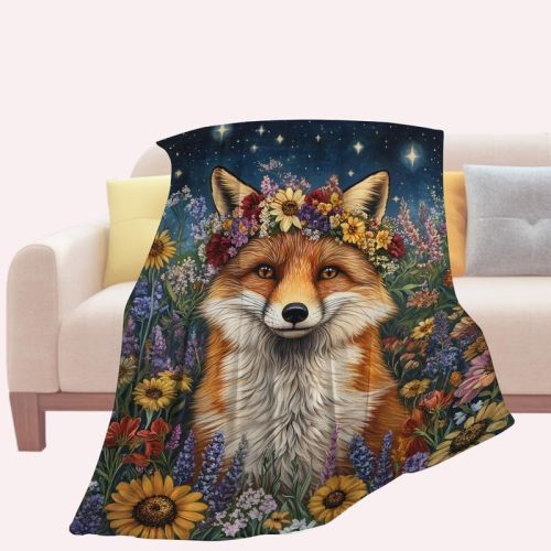 Kids Floral Cartoon Fox Fleece Blanket