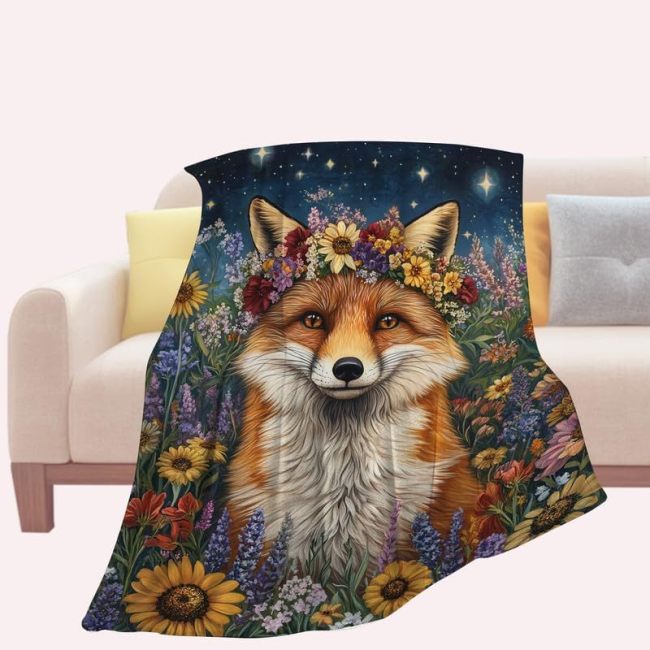Kids Floral Cartoon Fox Fleece Blanket
