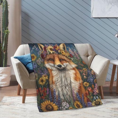 Kids Floral Cartoon Fox Fleece Blanket
