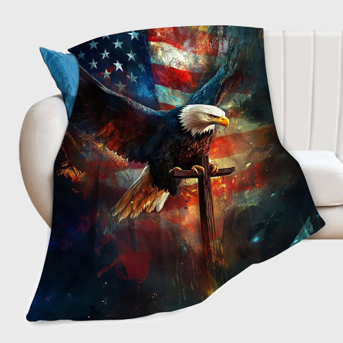 Cross Bald Eagle Flag Print Blanket