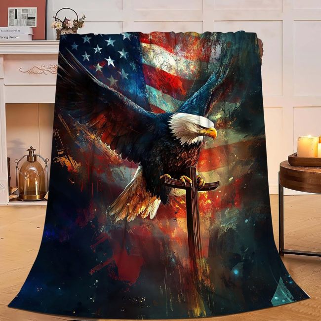 Cross Bald Eagle Flag Print Blanket