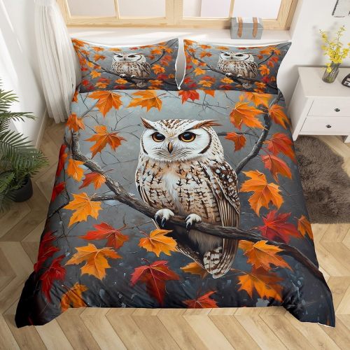 Maple Leaves Owl Print Bed Set