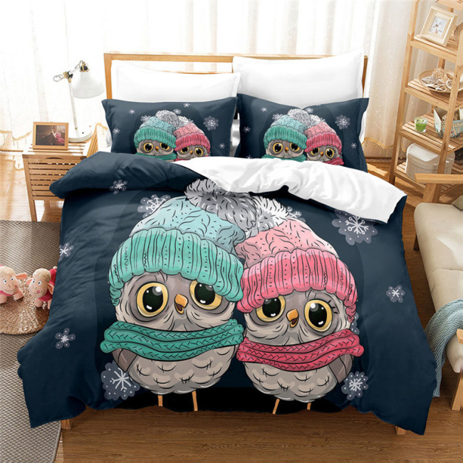 Snowflakes Cartoon Owl Printed Bed Set