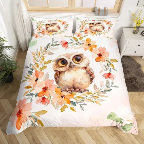 Floral Cartoon Owl Bed Set