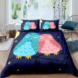 Cartoon Owl Couples Print Bed Set